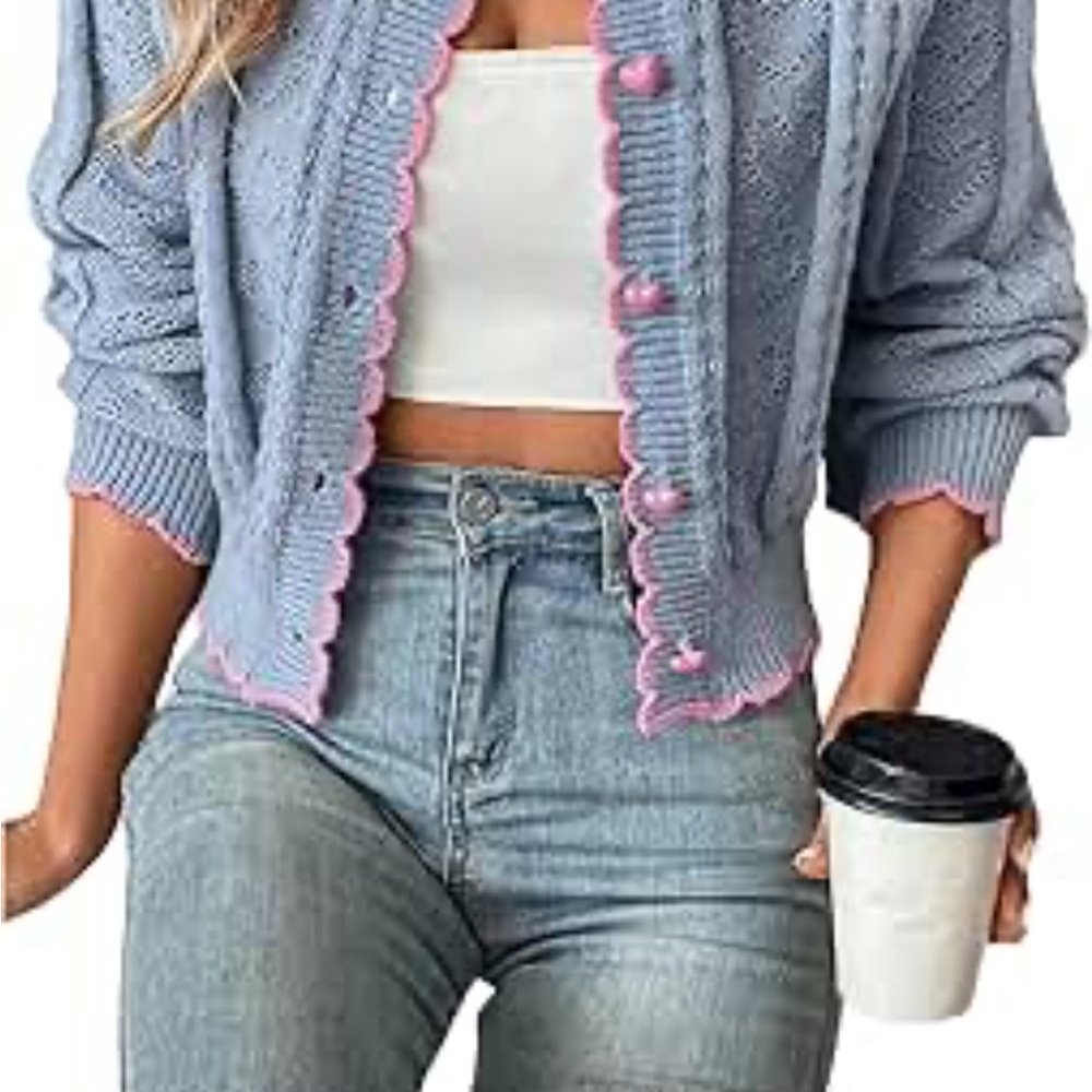 Women's Blue Cardigan Sweater with Pink Trim
